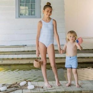 Minnow Swim 11/12 Girl's Sunwashed Double Bow One Piece Blue White Plaid